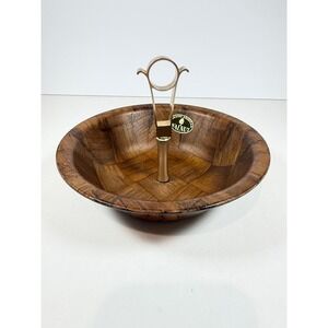VTG Weavewood Inc Walnut Woven Wood Nut and Candy Bowl 7" Metal Handle MCM